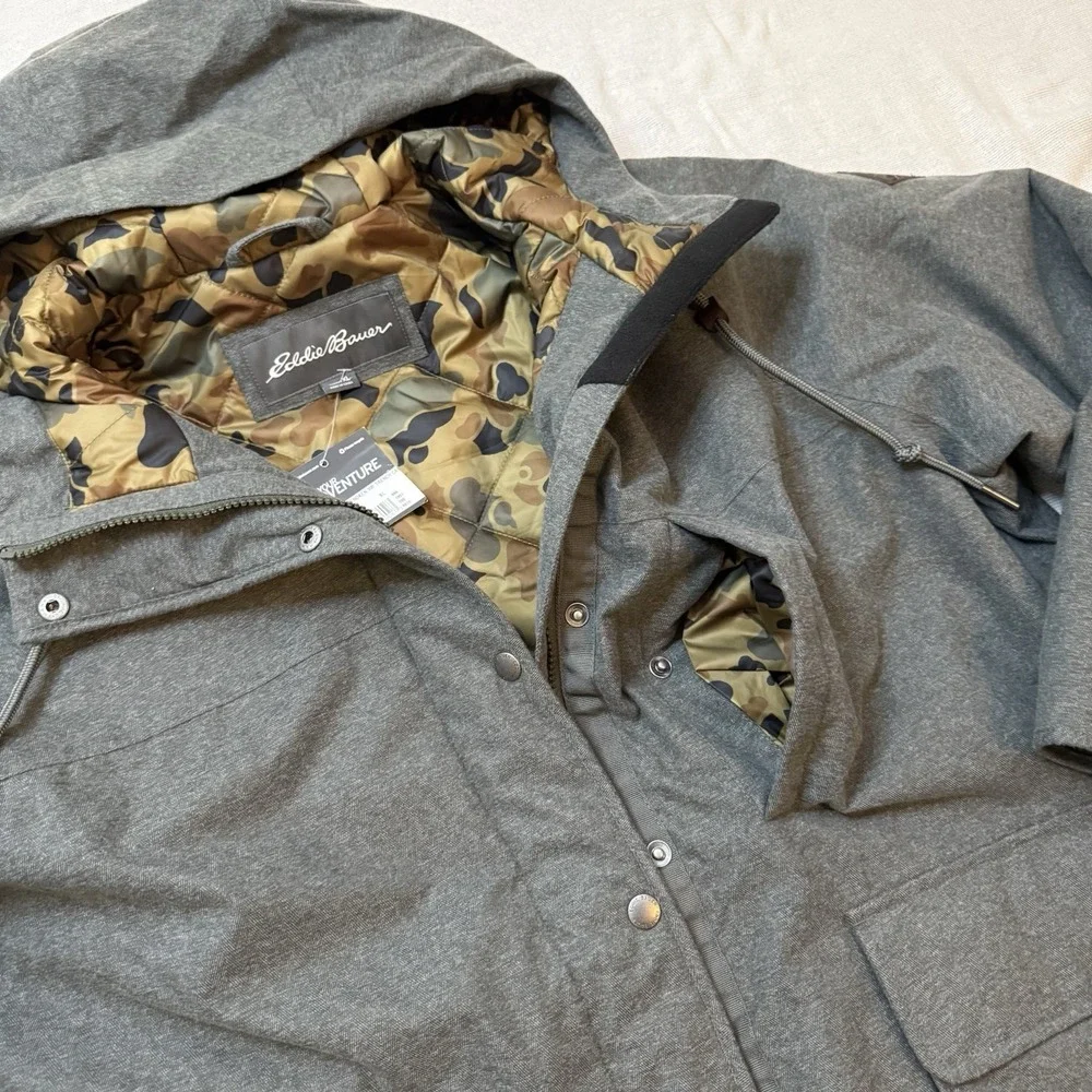 EDDIE BAUER NEW $299 Mens 650 Down Waterproof Hooded Jacket Size XL Camo Winter